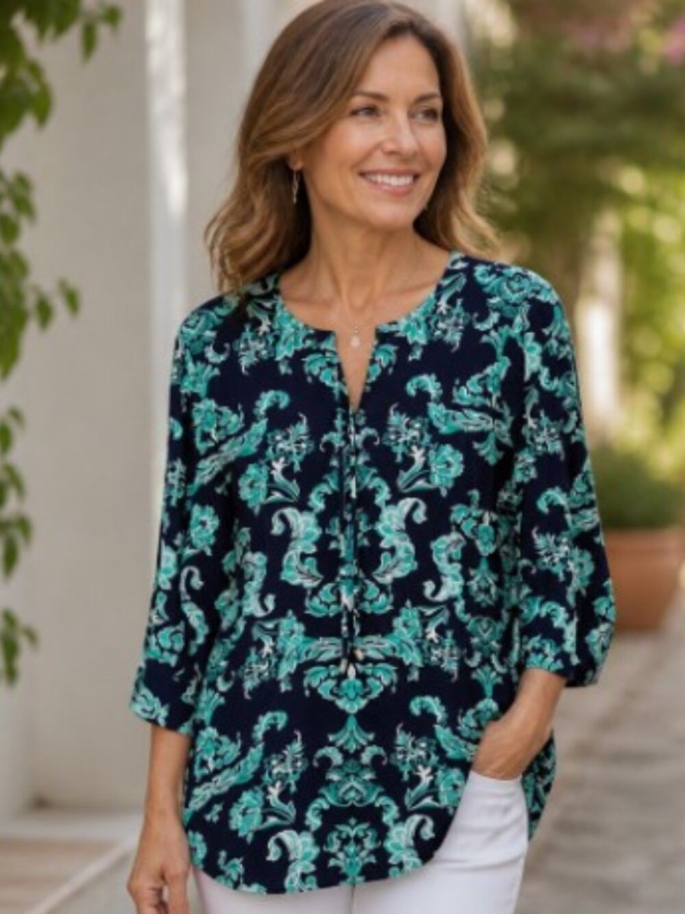 JM Collection Navy Turquoise Paisley Lace‑Up Tunic 1X NWT